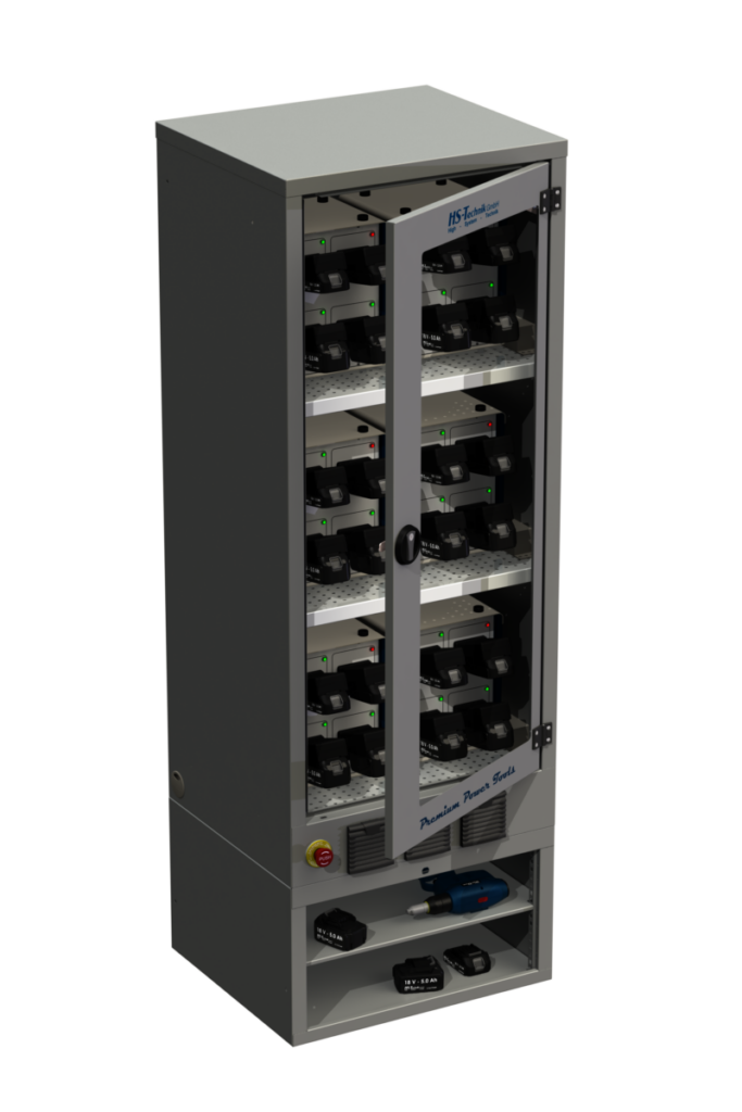 Akku-ladeschrank für akku-werkzeuge und 24 akkus für akkuschrauber, akkunietgeräte u. V. M. Hs-technik, makita, bosch, fein, gesipa, atlascopco, cooper power tools, panasonic, desoutter