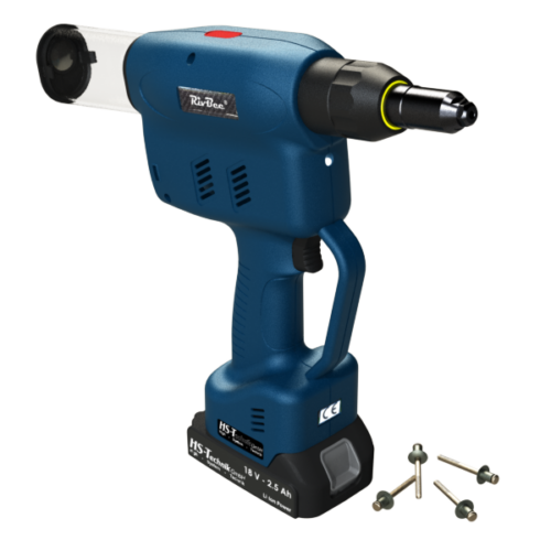 Akku-nietgerät in blau mit schwarzen details, begleitet von fünf nieten.